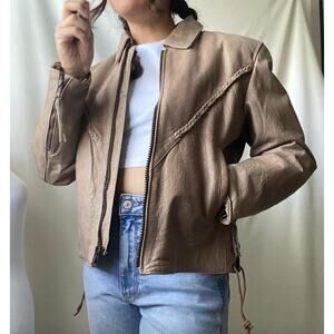 Unik Leather LongSleeve Full Zip Side Tie Casual Jacket Boho Western Riding Moto